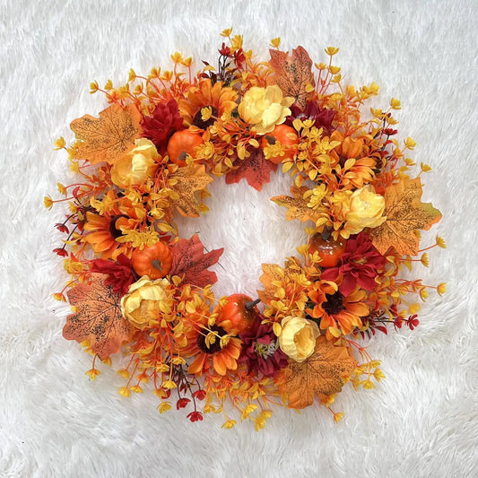 Autumn wreath pendant Harvest Festival Maple Leaf Pumpkin Wreath Door Hanging Simulation Wreath Thanksgiving