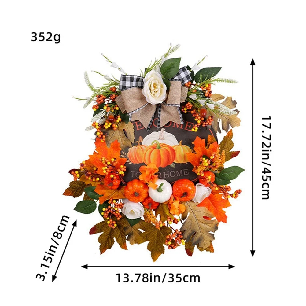 Simulated Sunflower Rose Wreath Garland Harvest Festival Decorations Home Door Hanging Orange Pumpkin Rattan Garland 45cm