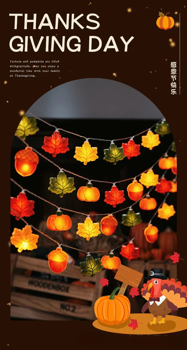 LED Pumpkin Nut Maple Leaf String Light Home Party Decoration Hanging Lamp Props 1.5/3m Thanksgiving Halloween Christmas Gift