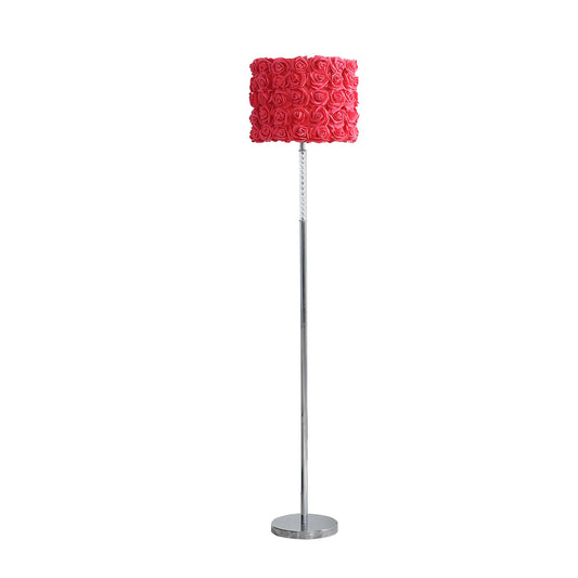 63" Steel and Acrylic Floor Lamp With Red Flowers Fabric Drum Shade-1
