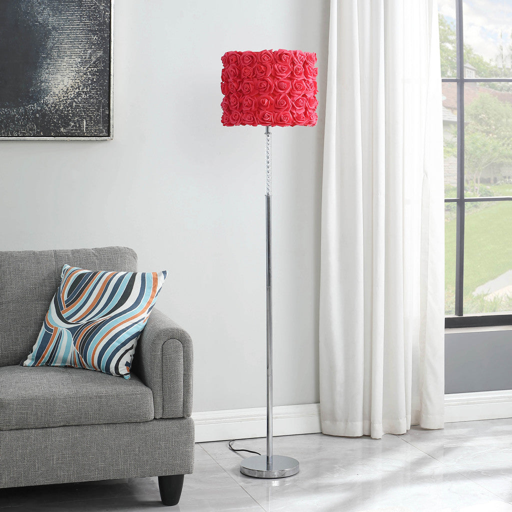 63" Steel and Acrylic Floor Lamp With Red Flowers Fabric Drum Shade-4