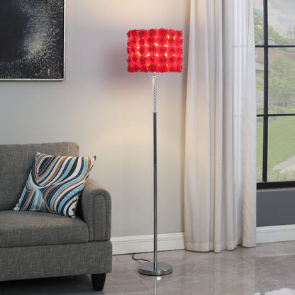 63" Steel and Acrylic Floor Lamp With Red Flowers Fabric Drum Shade-5