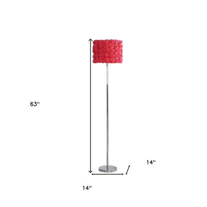 63" Steel and Acrylic Floor Lamp With Red Flowers Fabric Drum Shade-6