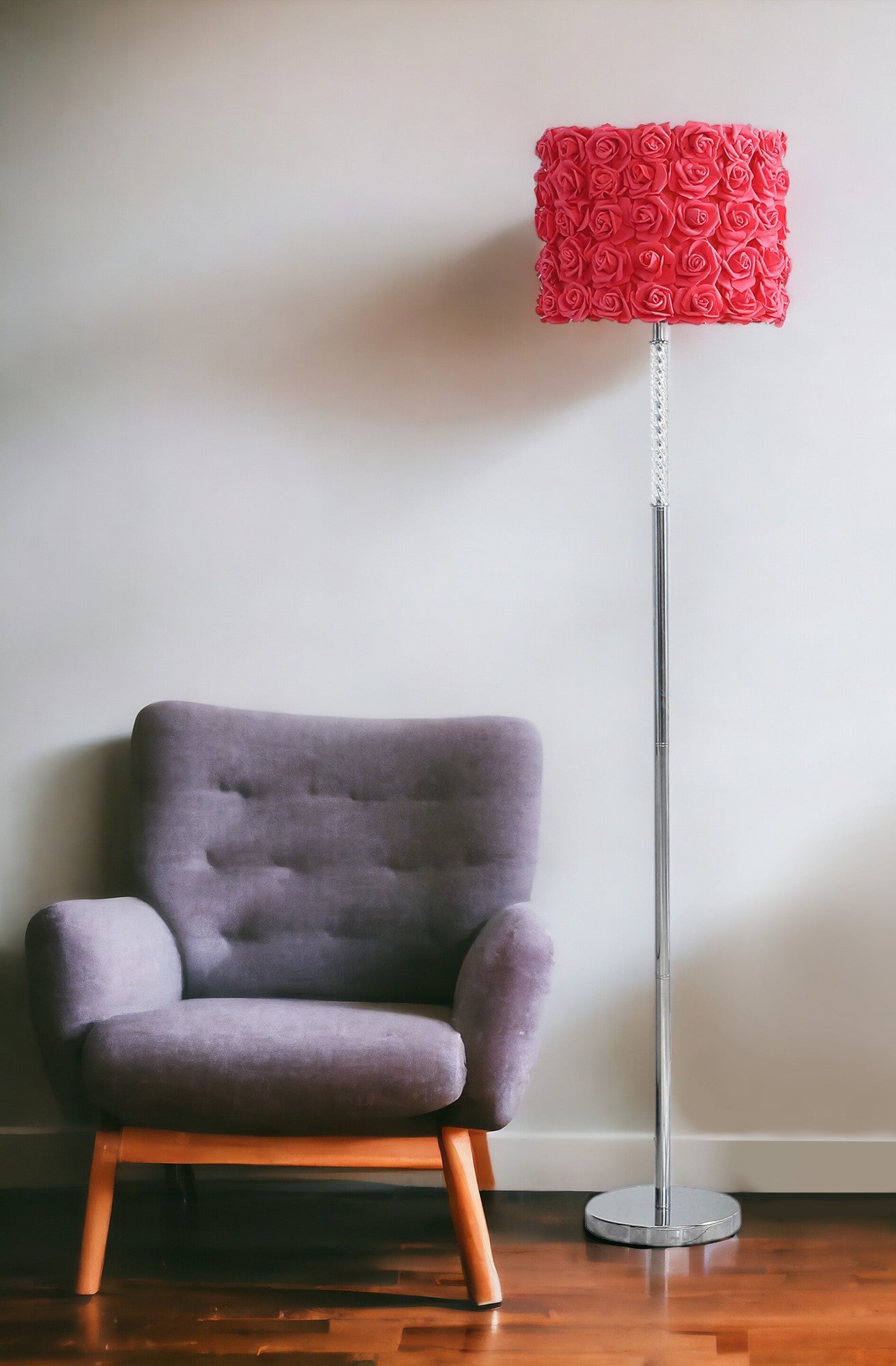 63" Steel and Acrylic Floor Lamp With Red Flowers Fabric Drum Shade-2