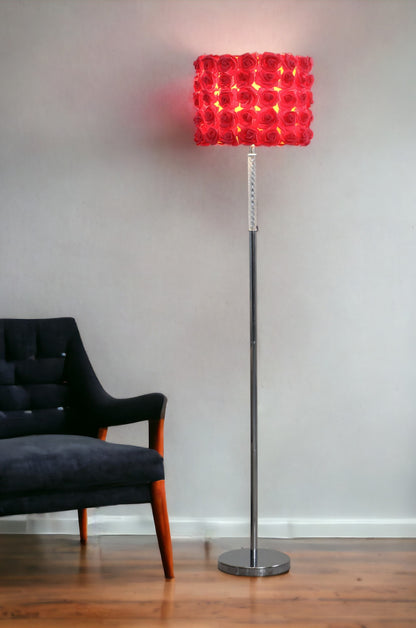 63" Steel and Acrylic Floor Lamp With Red Flowers Fabric Drum Shade-0