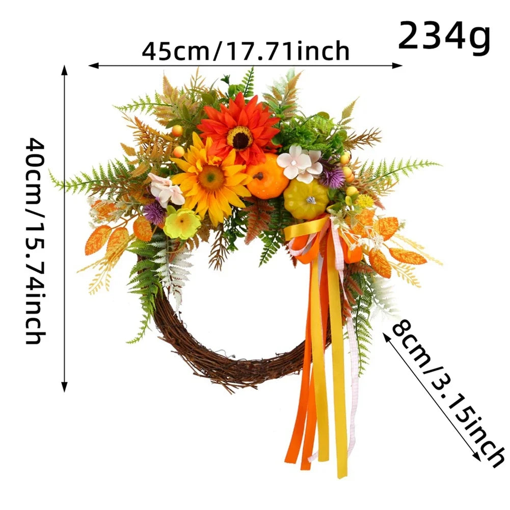 Simulated Sunflower Rose Wreath Garland Harvest Festival Decorations Home Door Hanging Orange Pumpkin Rattan Garland 45cm