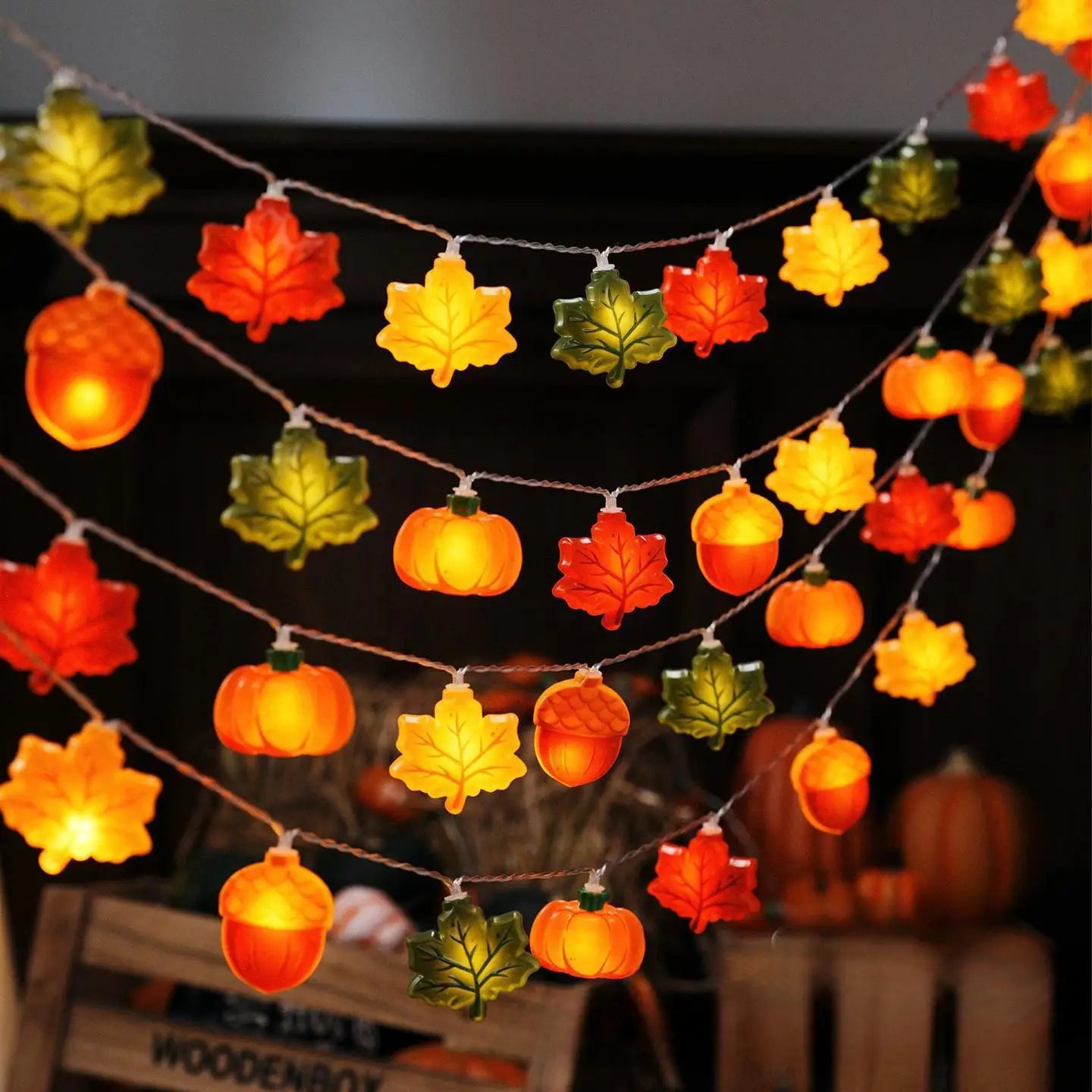 LED Pumpkin Nut Maple Leaf String Light Home Party Decoration Hanging Lamp Props 1.5/3m Thanksgiving Halloween Christmas Gift