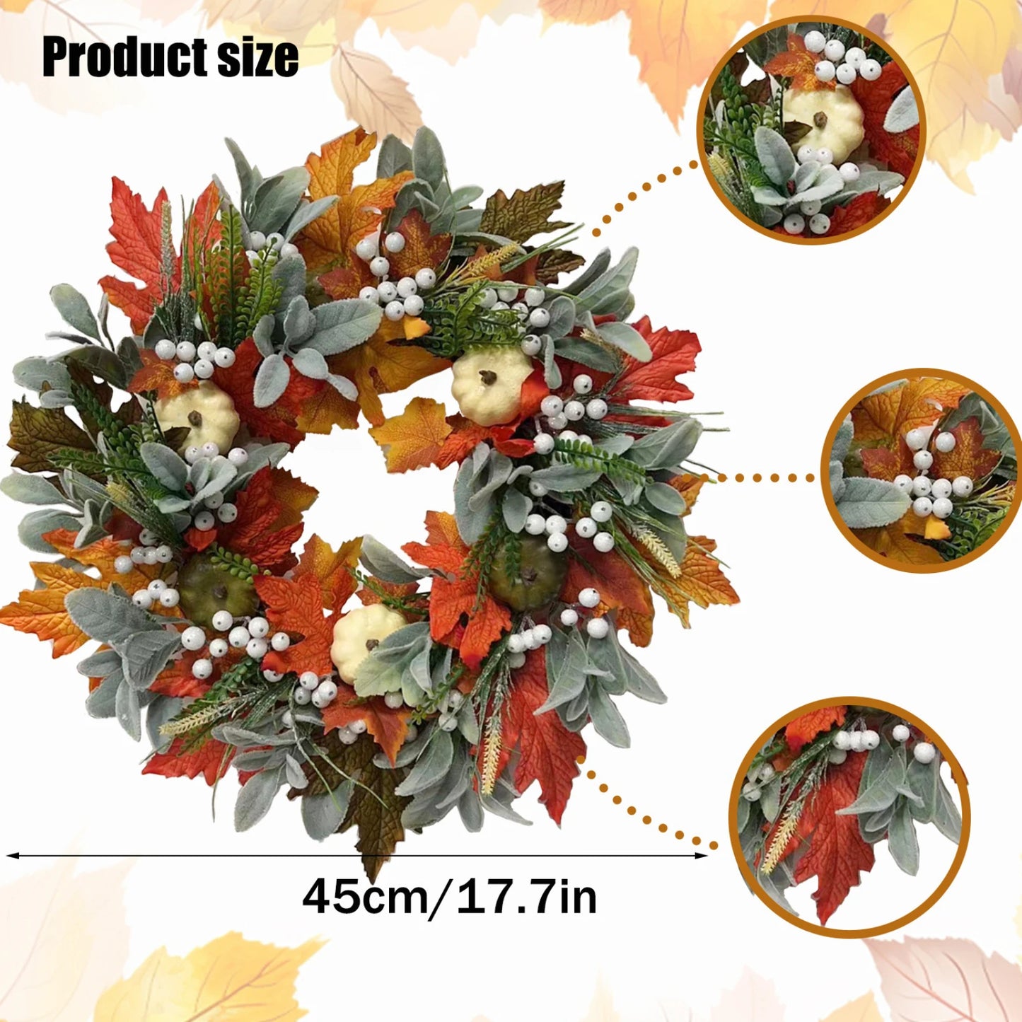 Fall Decorations For Home - 35/45cm Autumn Maple Leaf Pumpkin Pine Cone Berry Wreath - Fall Wreath For Thanksgiving Halloween Fa