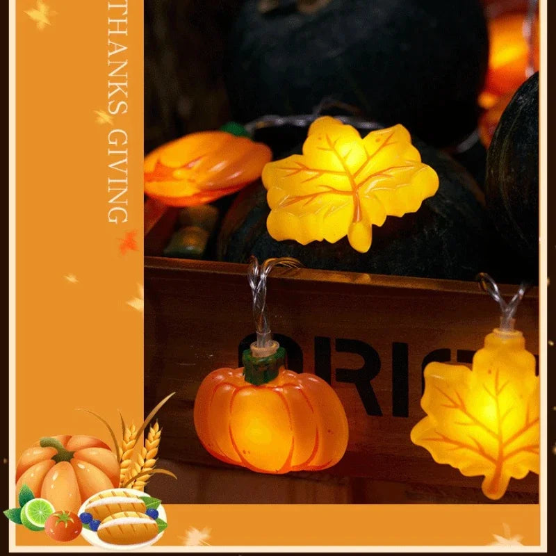 LED Pumpkin Nut Maple Leaf String Light Home Party Decoration Hanging Lamp Props 1.5/3m Thanksgiving Halloween Christmas Gift