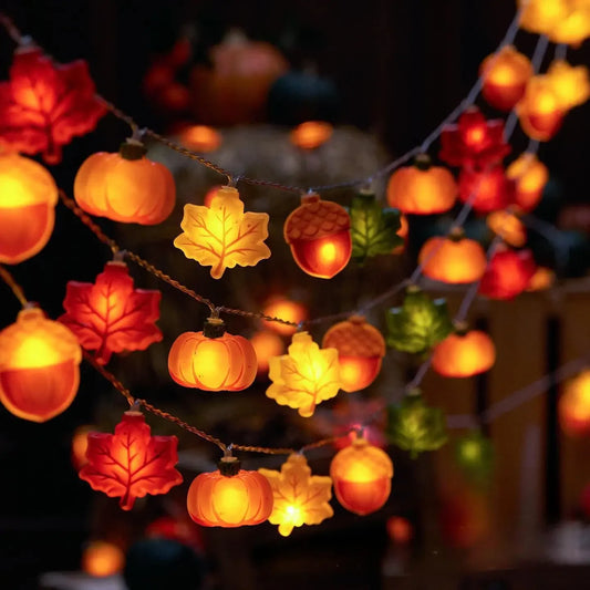 LED Pumpkin Nut Maple Leaf String Light Home Party Decoration Hanging Lamp Props 1.5/3m Thanksgiving Halloween Christmas Gift