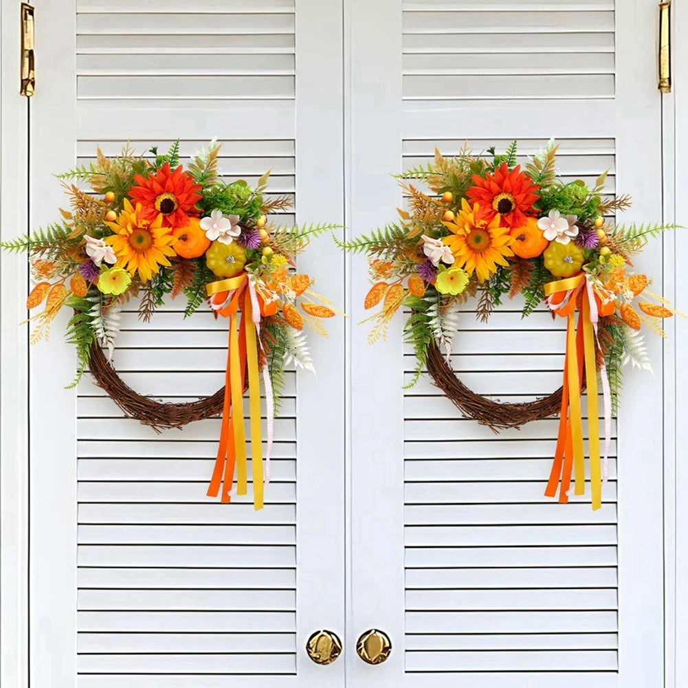 Simulated Sunflower Rose Wreath Garland Harvest Festival Decorations Home Door Hanging Orange Pumpkin Rattan Garland 45cm