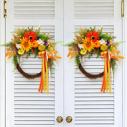 Simulated Sunflower Rose Wreath Garland Harvest Festival Decorations Home Door Hanging Orange Pumpkin Rattan Garland 45cm