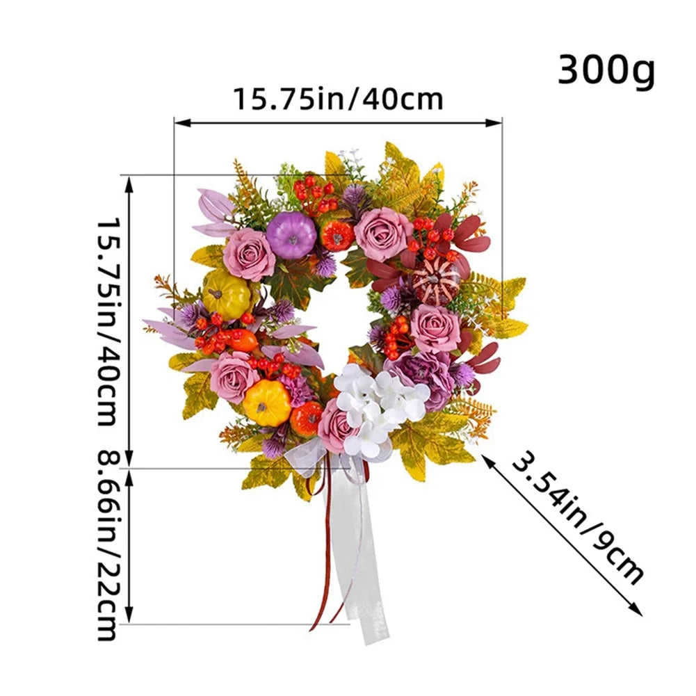 Simulated Sunflower Rose Wreath Garland Harvest Festival Decorations Home Door Hanging Orange Pumpkin Rattan Garland 45cm