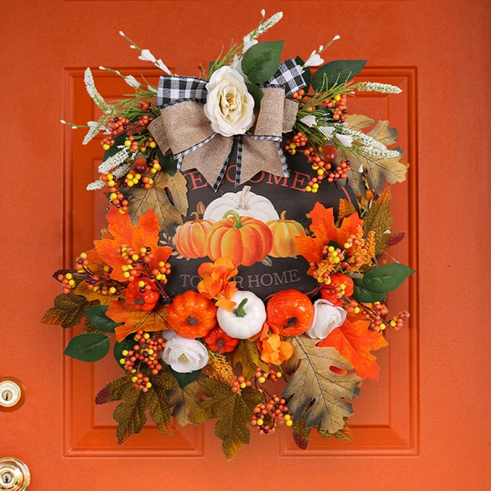 Simulated Sunflower Rose Wreath Garland Harvest Festival Decorations Home Door Hanging Orange Pumpkin Rattan Garland 45cm