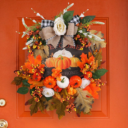 Simulated Sunflower Rose Wreath Garland Harvest Festival Decorations Home Door Hanging Orange Pumpkin Rattan Garland 45cm