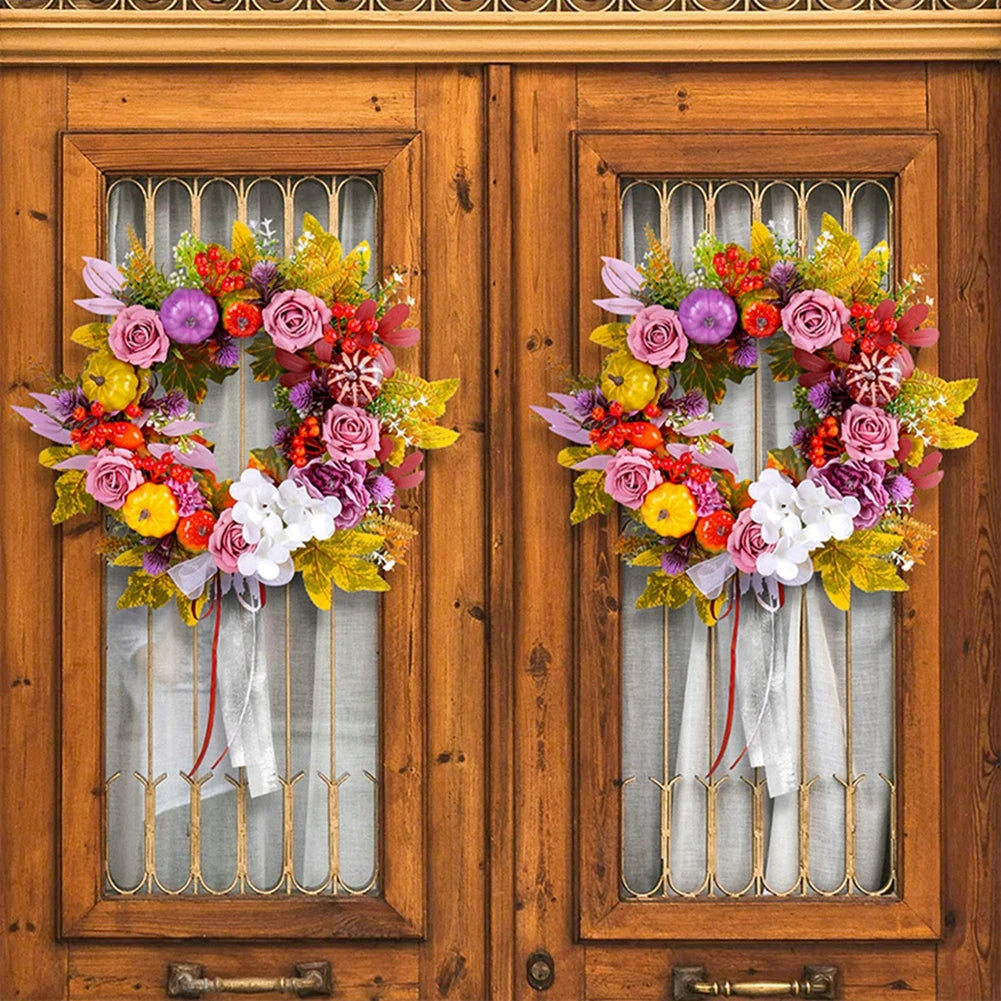 Simulated Sunflower Rose Wreath Garland Harvest Festival Decorations Home Door Hanging Orange Pumpkin Rattan Garland 45cm