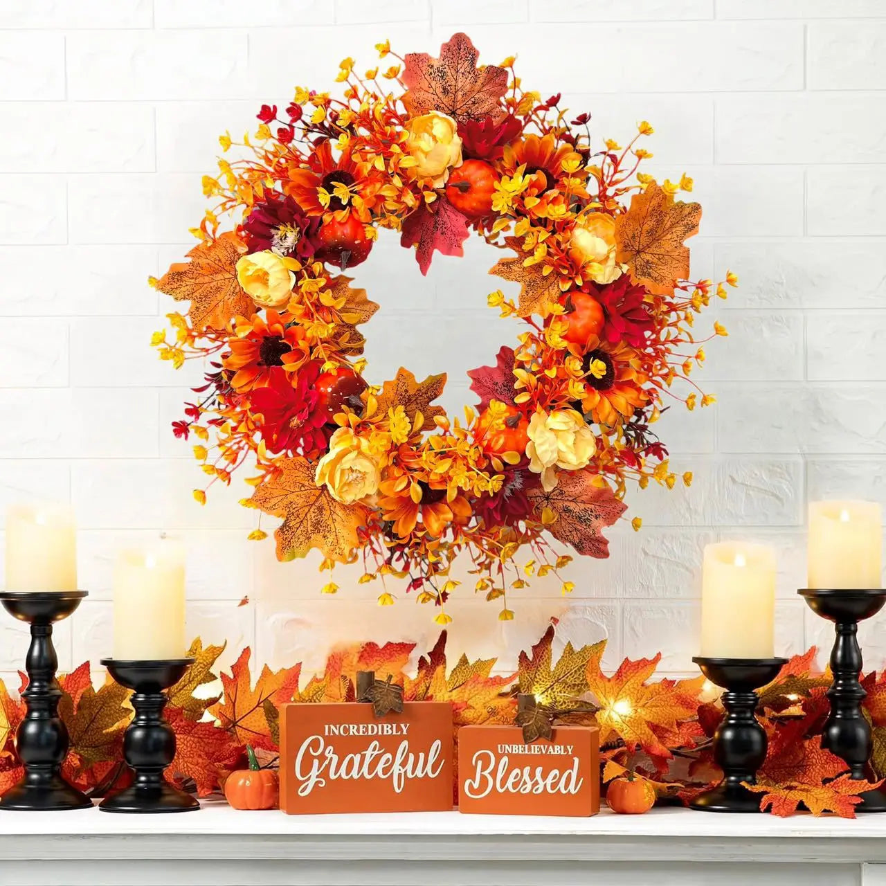 Autumn wreath pendant Harvest Festival Maple Leaf Pumpkin Wreath Door Hanging Simulation Wreath Thanksgiving