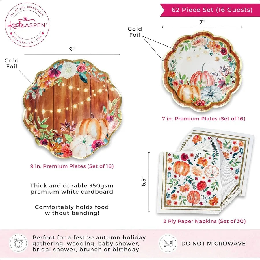 62pc Fall Thanksgiving Tableware Set Party Kit 16pcs 7 inch 9 inch Heavy Duty  Party Plates 30pcs 6.5 inch Durable Paper Napkin