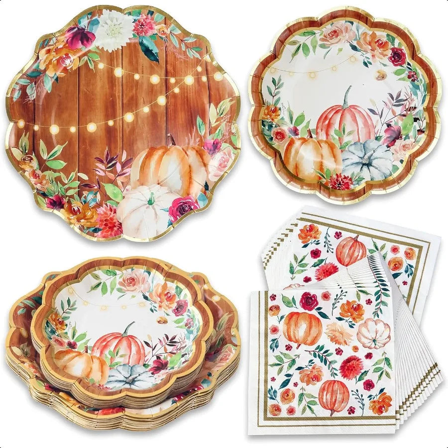 62pc Fall Thanksgiving Tableware Set Party Kit 16pcs 7 inch 9 inch Heavy Duty  Party Plates 30pcs 6.5 inch Durable Paper Napkin