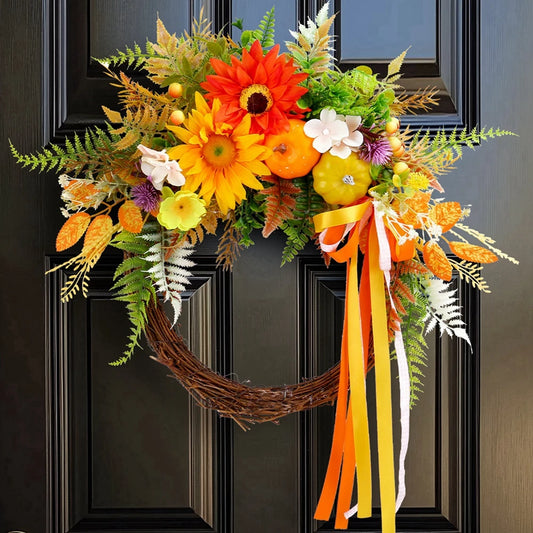 Simulated Sunflower Rose Wreath Garland Harvest Festival Decorations Home Door Hanging Orange Pumpkin Rattan Garland 45cm