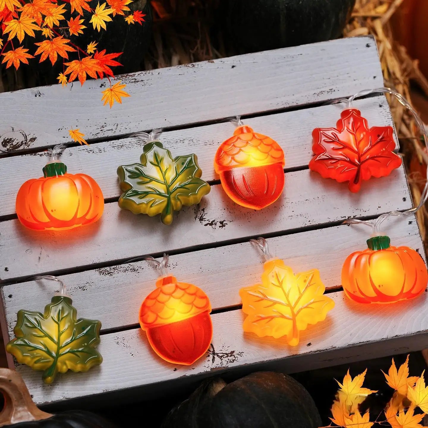 LED Pumpkin Nut Maple Leaf String Light Home Party Decoration Hanging Lamp Props 1.5/3m Thanksgiving Halloween Christmas Gift