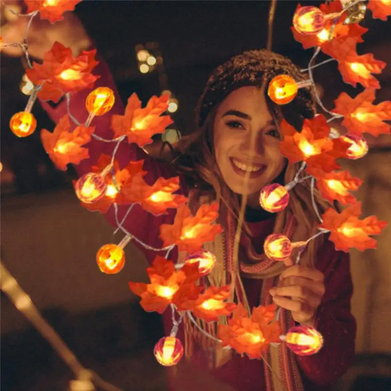 Artificial Autumn Maple Leaves Pumpkin Garland LED Fairy String Light Christmas Thanksgiving Decoration DIY Halloween Party Home