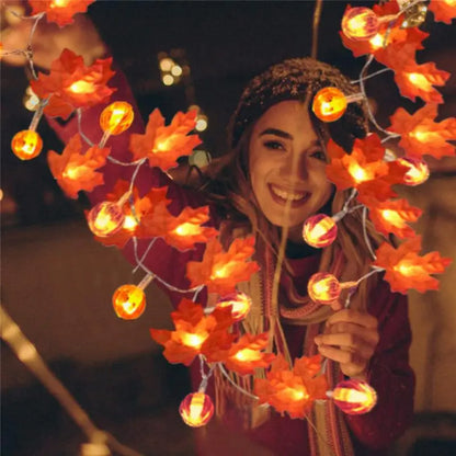 Artificial Autumn Maple Leaves Pumpkin Garland LED Fairy String Light Christmas Thanksgiving Decoration DIY Halloween Party Home